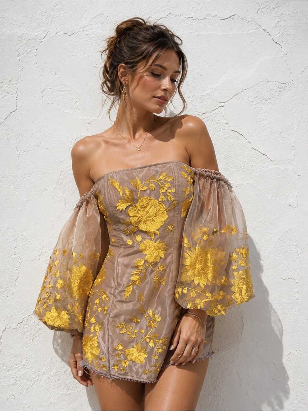 ASOS Edition Gold Floral Embroidered Off Shoulder Puff Sleeve Dress 8